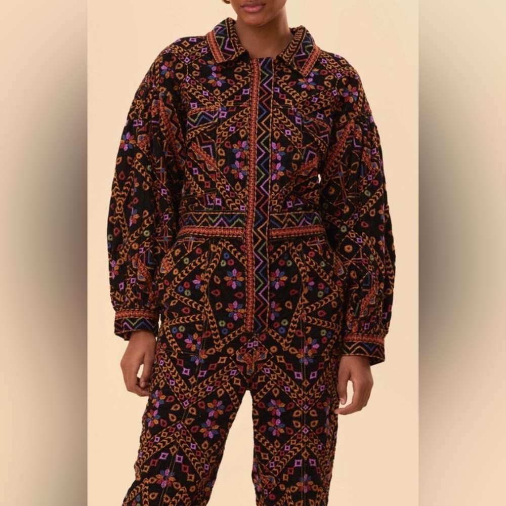 Farm Rio Embroidered Long Sleeve Jumpsuit